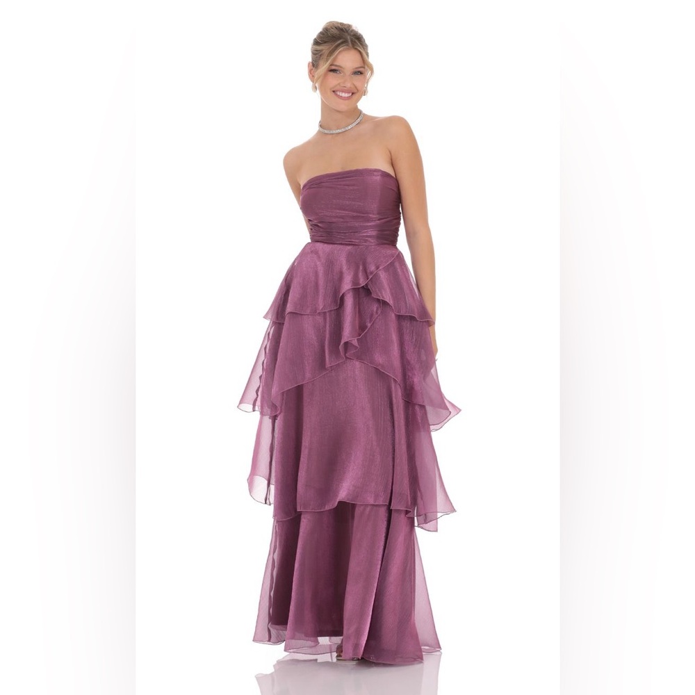 Lucy in the Sky Corset Petal Ruffle Strapless Maxi Dress in Purple